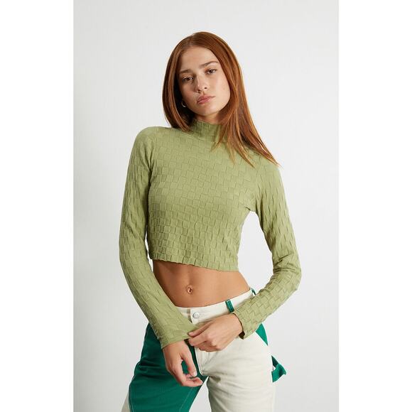 L.A. Heart Green Checker Stitch Mock Neck Long Sleeve Cropped Sweater Top Size S - Picture 3 of 5